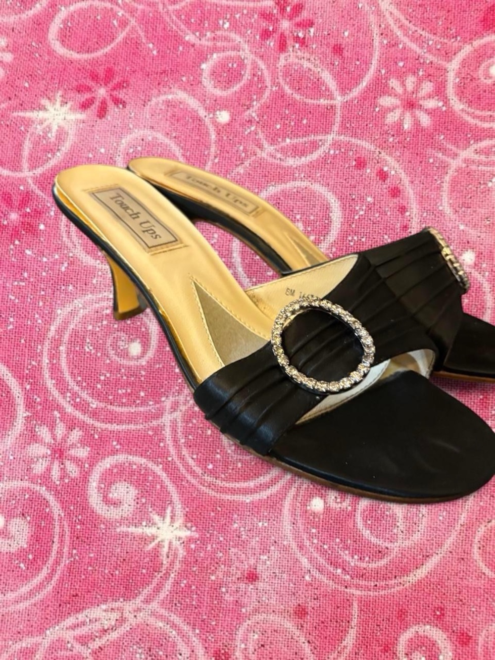 Touch Ups Black Satin Slide Mules with Crystal Oval Buckle